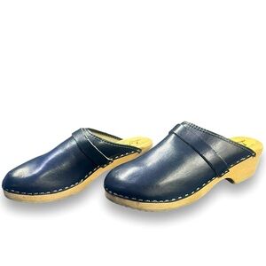 👡 Lotta From Stockholm Swedish Clogs Navy Blue Leather Wood Sole  41 (US 8–8.5)